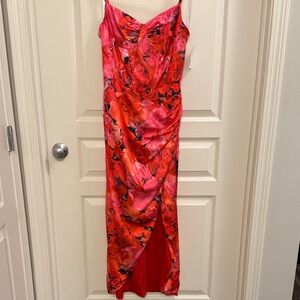 David's Bridal Pink and Red Floral Maxi Dress